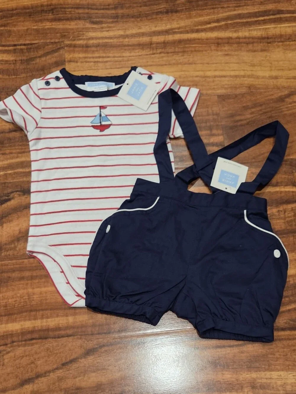 Janie and Jack NWT 6-12 Months Red Striped Sailboat Bodysuit, Suspender Shortall